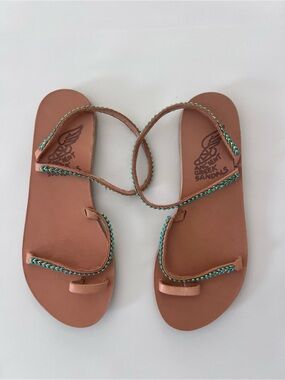 Ancient Greek Sandals Apli Eleftheria Flat Leather Sandals – Natural/Aqua – EU36